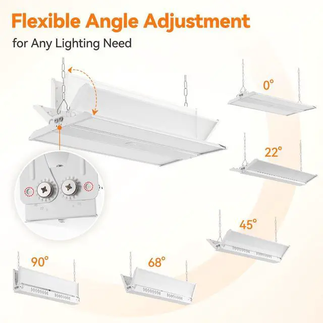 Alt view image 3 of 6 - 2FT Linear High Bay Shop Lights 4-Pack, 30000lm, 200W/150W/100W & 6000K/5000K/4000K Selectable, 0-10V dimmable, Adjustable Tilt Hanging Light Fixture for Warehouse, Workshop, 100-277V, ETL