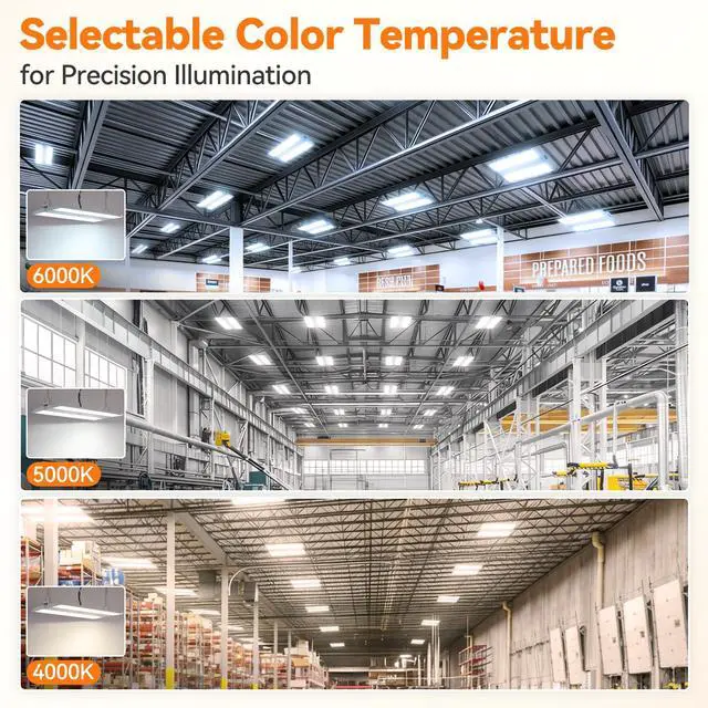 Alt view image 4 of 6 - 2FT Linear High Bay Shop Lights 4-Pack, 30000lm, 200W/150W/100W & 6000K/5000K/4000K Selectable, 0-10V dimmable, Adjustable Tilt Hanging Light Fixture for Warehouse, Workshop, 100-277V, ETL