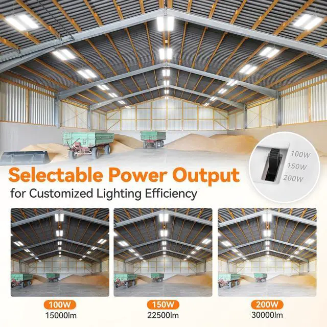 Alt view image 5 of 6 - 2FT Linear High Bay Shop Lights 4-Pack, 30000lm, 200W/150W/100W & 6000K/5000K/4000K Selectable, 0-10V dimmable, Adjustable Tilt Hanging Light Fixture for Warehouse, Workshop, 100-277V, ETL