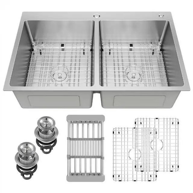Main image of 33" x 22" x 9" Drop-In Double Bowl Kitchen Sink, Topmount Stainless Steel with Satin Finish, Soundproofing & Protective Bottom Grid