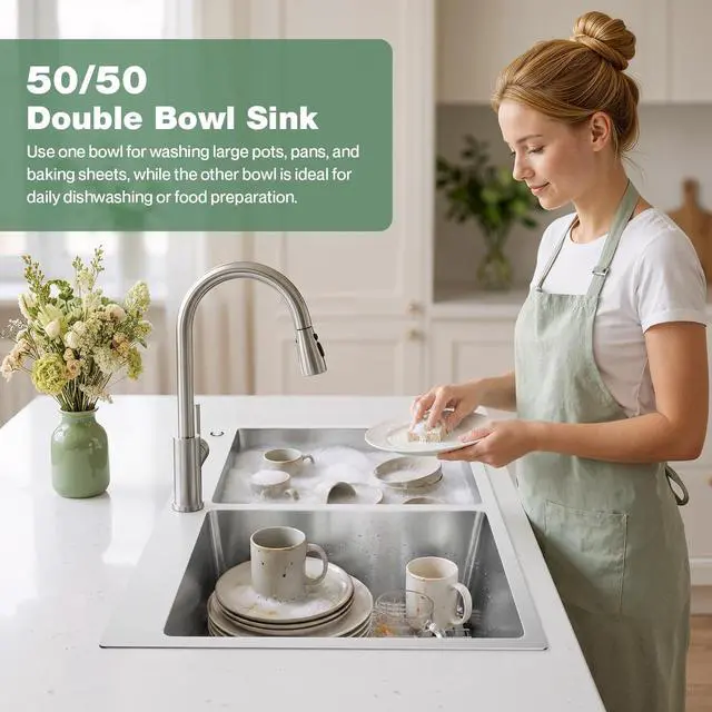Alt view image 2 of 6 - 33" x 22" x 9" Drop-In Double Bowl Kitchen Sink, Topmount Stainless Steel with Satin Finish, Soundproofing & Protective Bottom Grid