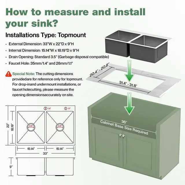 Alt view image 3 of 6 - 33" x 22" x 9" Drop-In Double Bowl Kitchen Sink, Topmount Stainless Steel with Satin Finish, Soundproofing & Protective Bottom Grid