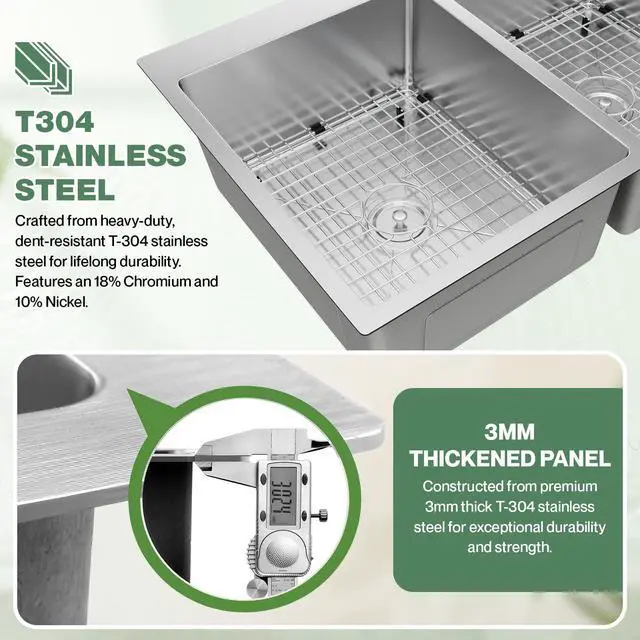Alt view image 4 of 6 - 33" x 22" x 9" Drop-In Double Bowl Kitchen Sink, Topmount Stainless Steel with Satin Finish, Soundproofing & Protective Bottom Grid