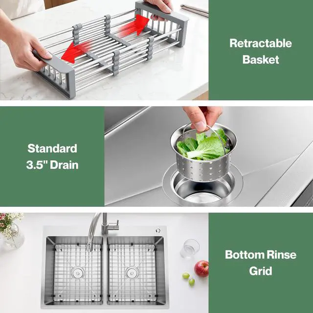 Alt view image 5 of 6 - 33" x 22" x 9" Drop-In Double Bowl Kitchen Sink, Topmount Stainless Steel with Satin Finish, Soundproofing & Protective Bottom Grid