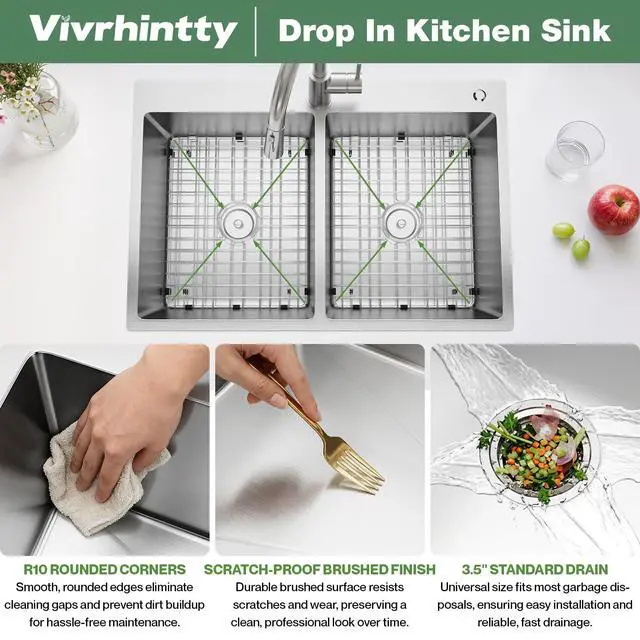 Alt view image 6 of 6 - 33" x 22" x 9" Drop-In Double Bowl Kitchen Sink, Topmount Stainless Steel with Satin Finish, Soundproofing & Protective Bottom Grid