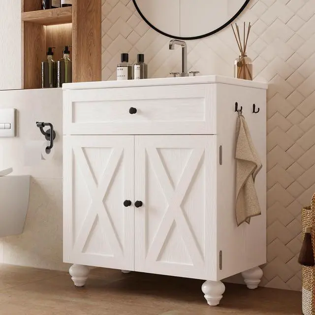 Main image of 30 Inch Bathroom Vanity with Sink Easy-to-Install Farmhouse Bathroom Sink 2-Tier Storage Areas with Adjustable Shelves 4-Tier Storage Compartments Tip-Out Drawer 2 Hooks Solid Wood Legs