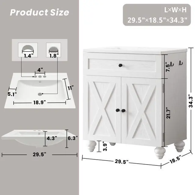 Alt view image 2 of 6 - 30 Inch Bathroom Vanity with Sink Easy-to-Install Farmhouse Bathroom Sink 2-Tier Storage Areas with Adjustable Shelves 4-Tier Storage Compartments Tip-Out Drawer 2 Hooks Solid Wood Legs