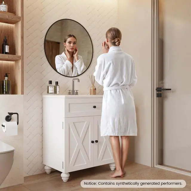 Alt view image 3 of 6 - 30 Inch Bathroom Vanity with Sink Easy-to-Install Farmhouse Bathroom Sink 2-Tier Storage Areas with Adjustable Shelves 4-Tier Storage Compartments Tip-Out Drawer 2 Hooks Solid Wood Legs