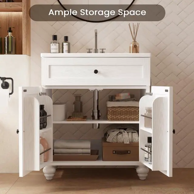 Alt view image 4 of 6 - 30 Inch Bathroom Vanity with Sink Easy-to-Install Farmhouse Bathroom Sink 2-Tier Storage Areas with Adjustable Shelves 4-Tier Storage Compartments Tip-Out Drawer 2 Hooks Solid Wood Legs