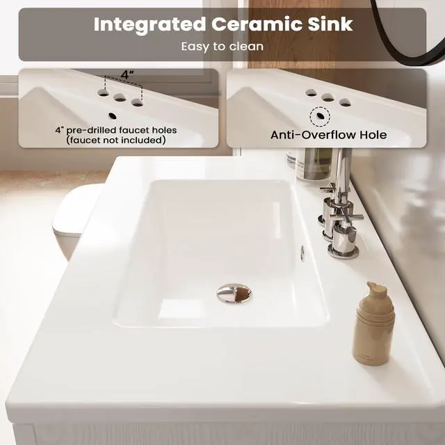 Alt view image 5 of 6 - 30 Inch Bathroom Vanity with Sink Easy-to-Install Farmhouse Bathroom Sink 2-Tier Storage Areas with Adjustable Shelves 4-Tier Storage Compartments Tip-Out Drawer 2 Hooks Solid Wood Legs