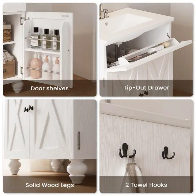 Alt view image 6 of 6 - 30 Inch Bathroom Vanity with Sink Easy-to-Install Farmhouse Bathroom Sink 2-Tier Storage Areas with Adjustable Shelves 4-Tier Storage Compartments Tip-Out Drawer 2 Hooks Solid Wood Legs
