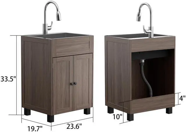 Alt view image 2 of 6 - 's 24-Inch Laundry Sink comes with a pull-out sprayer faucet and Brown cabinet. This stainless steel utility sink with cabinet is ideal for laundry and utility rooms, kitchens