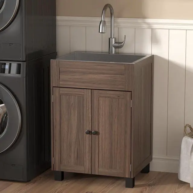 Alt view image 4 of 6 - 's 24-Inch Laundry Sink comes with a pull-out sprayer faucet and Brown cabinet. This stainless steel utility sink with cabinet is ideal for laundry and utility rooms, kitchens