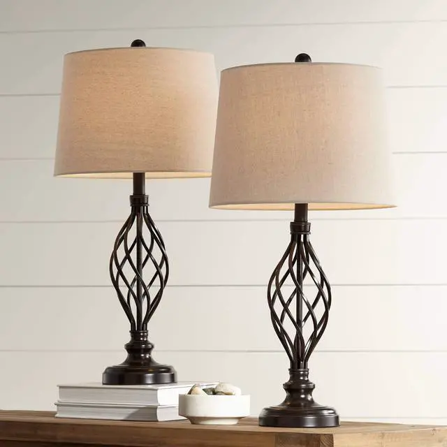 Main image of Annie Modern Industrial 3-Way Table Lamps 28" Tall Set of 2 with Dimmers Bronze Iron Cream Tapered Drum Shade for Bedroom Living Room House Home Bedside Nightstand Office