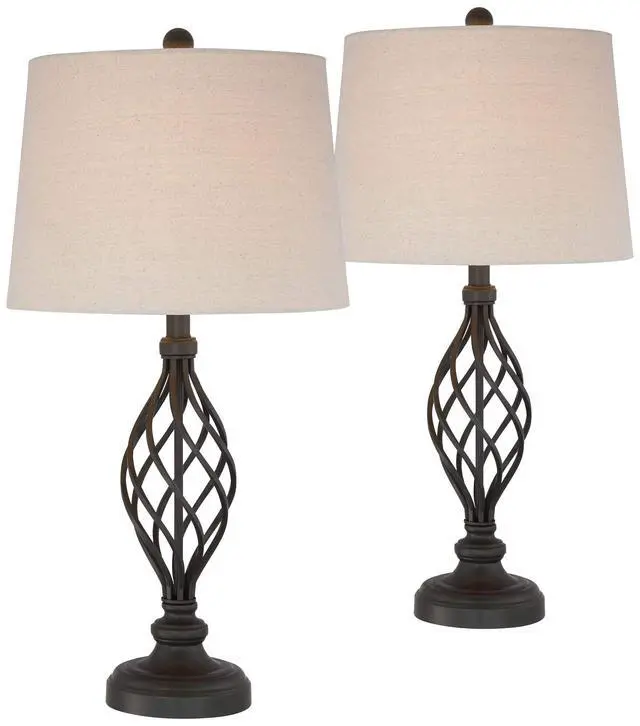 Alt view image 2 of 6 - Annie Modern Industrial 3-Way Table Lamps 28" Tall Set of 2 with Dimmers Bronze Iron Cream Tapered Drum Shade for Bedroom Living Room House Home Bedside Nightstand Office