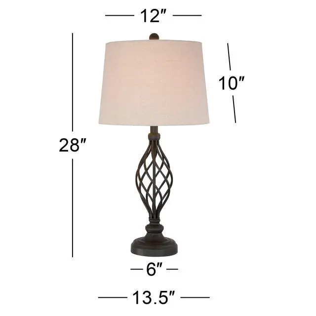 Alt view image 4 of 6 - Annie Modern Industrial 3-Way Table Lamps 28" Tall Set of 2 with Dimmers Bronze Iron Cream Tapered Drum Shade for Bedroom Living Room House Home Bedside Nightstand Office
