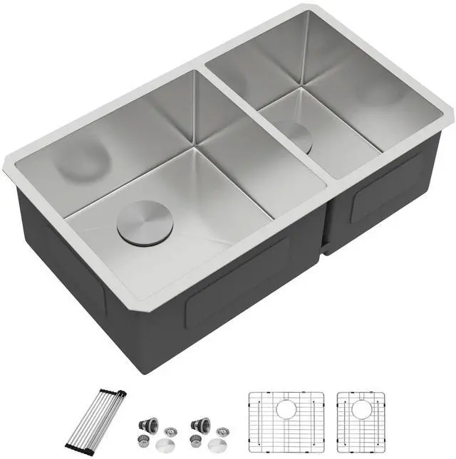 Main image of 36" Extra Large Double Bowl Kitchen Sink Undermount 60/40 Split 16 Gauge 304 Stainless Steel Double Sinks, Round Corner 36"x19"x10" DC-U7741
