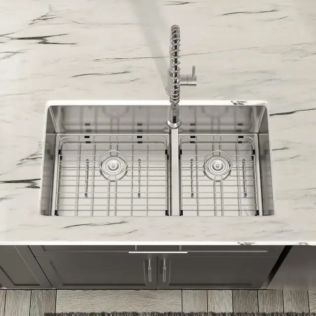 Alt view image 2 of 6 - 36" Extra Large Double Bowl Kitchen Sink Undermount 60/40 Split 16 Gauge 304 Stainless Steel Double Sinks, Round Corner 36"x19"x10" DC-U7741