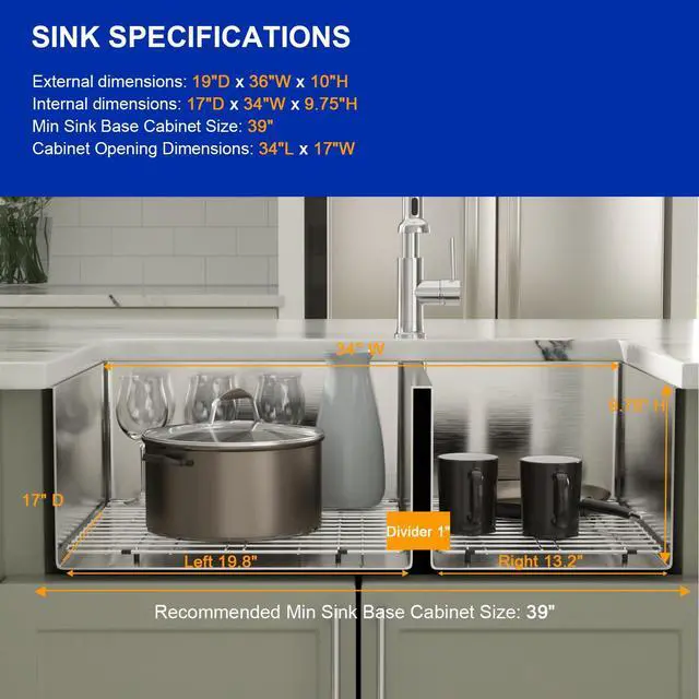 Alt view image 5 of 6 - 36" Extra Large Double Bowl Kitchen Sink Undermount 60/40 Split 16 Gauge 304 Stainless Steel Double Sinks, Round Corner 36"x19"x10" DC-U7741