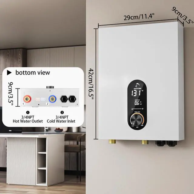 Alt view image 2 of 6 - Electric Tankless Water Heater,240V Electric Water Heater,27kW Tankless Water Heater,Instant Water Heater for Shower with LED Display,Self Modulates to Save Energy Use,White