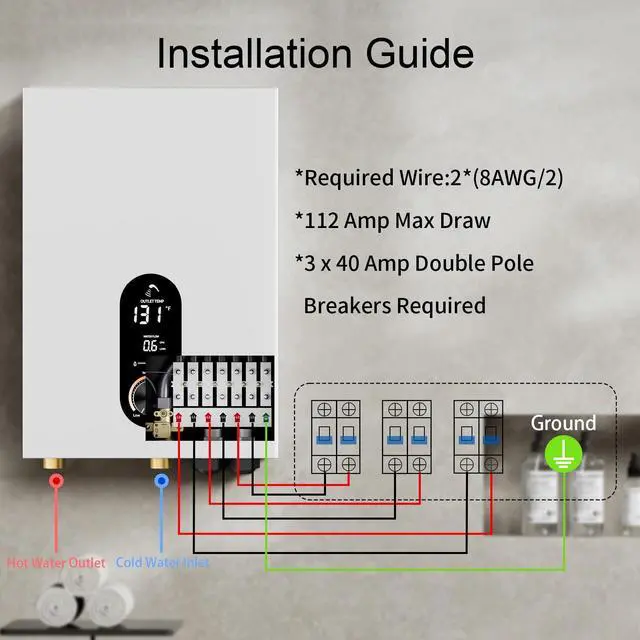Alt view image 3 of 6 - Electric Tankless Water Heater,240V Electric Water Heater,27kW Tankless Water Heater,Instant Water Heater for Shower with LED Display,Self Modulates to Save Energy Use,White