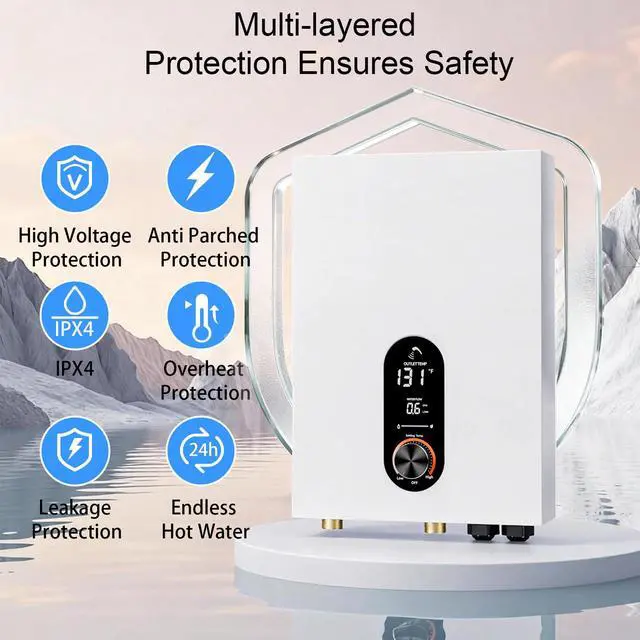 Alt view image 4 of 6 - Electric Tankless Water Heater,240V Electric Water Heater,27kW Tankless Water Heater,Instant Water Heater for Shower with LED Display,Self Modulates to Save Energy Use,White