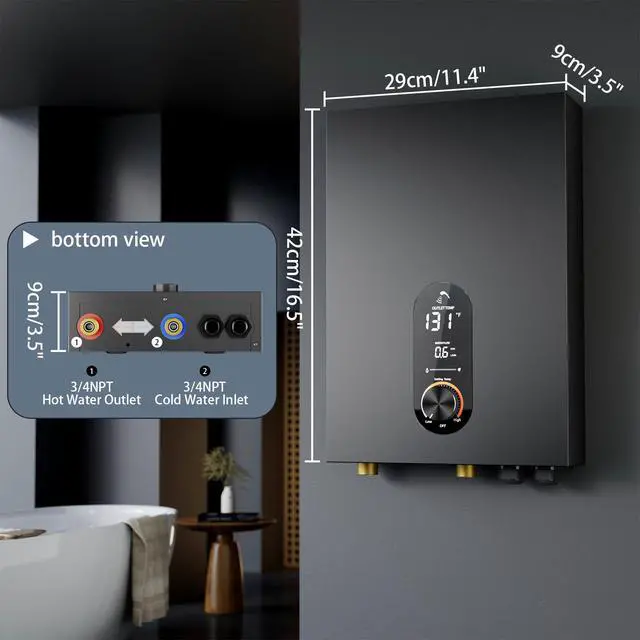 Alt view image 2 of 6 - Electric Tankless Water Heater,240V Electric Water Heater,27kW Tankless Water Heater,Instant Water Heater for Shower with LED Display, Self Modulates to Save Energy Use,Black