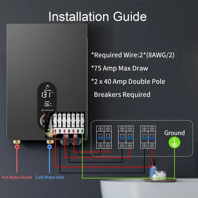 Alt view image 3 of 6 - Electric Tankless Water Heater,240V Electric Water Heater,27kW Tankless Water Heater,Instant Water Heater for Shower with LED Display, Self Modulates to Save Energy Use,Black