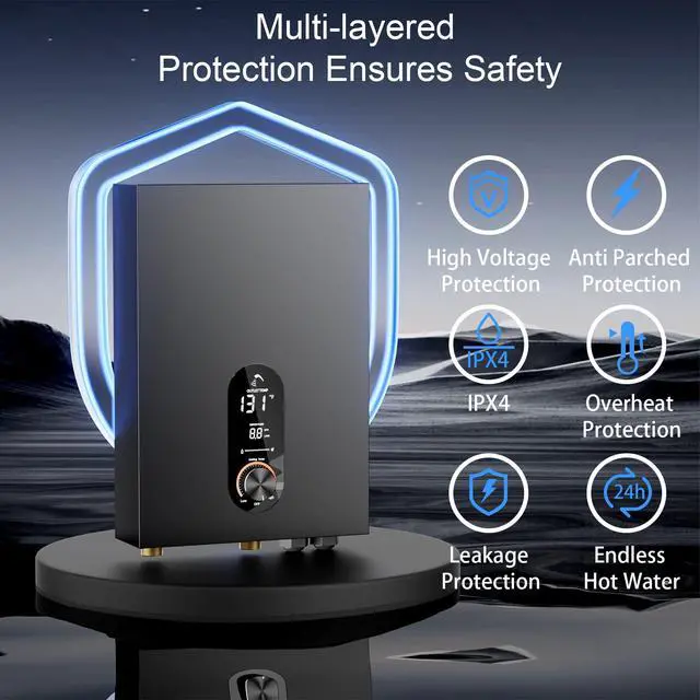 Alt view image 4 of 6 - Electric Tankless Water Heater,240V Electric Water Heater,27kW Tankless Water Heater,Instant Water Heater for Shower with LED Display, Self Modulates to Save Energy Use,Black