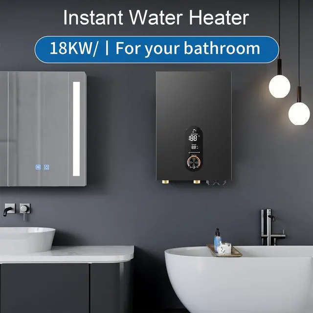 Alt view image 5 of 6 - Electric Tankless Water Heater,240V Electric Water Heater,27kW Tankless Water Heater,Instant Water Heater for Shower with LED Display, Self Modulates to Save Energy Use,Black