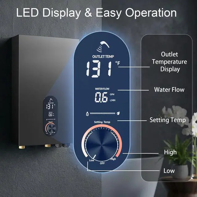Alt view image 6 of 6 - Electric Tankless Water Heater,240V Electric Water Heater,27kW Tankless Water Heater,Instant Water Heater for Shower with LED Display, Self Modulates to Save Energy Use,Black