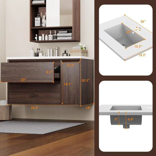 Alt view image 2 of 6 - 36-inch Luxury Bathroom Vanity with Sink, Stunning Walnut Color Finish, 2 Large Drawers & Hidden Storage, Invisible Handles, Moisture-Resistant. Ideal for Bathroom remodel and Upgrade