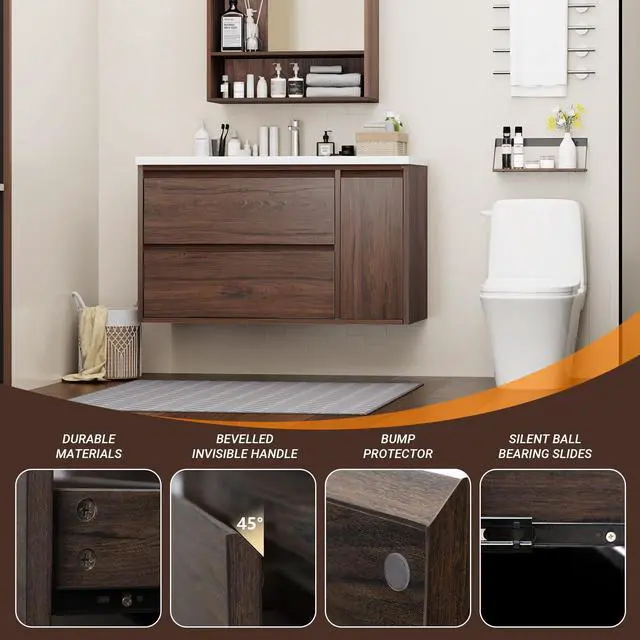 Alt view image 3 of 6 - 36-inch Luxury Bathroom Vanity with Sink, Stunning Walnut Color Finish, 2 Large Drawers & Hidden Storage, Invisible Handles, Moisture-Resistant. Ideal for Bathroom remodel and Upgrade