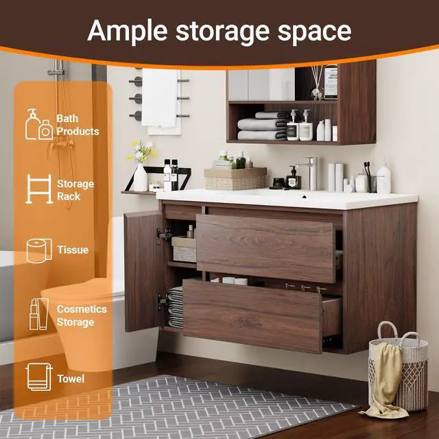 Alt view image 6 of 6 - 36-inch Luxury Bathroom Vanity with Sink, Stunning Walnut Color Finish, 2 Large Drawers & Hidden Storage, Invisible Handles, Moisture-Resistant. Ideal for Bathroom remodel and Upgrade