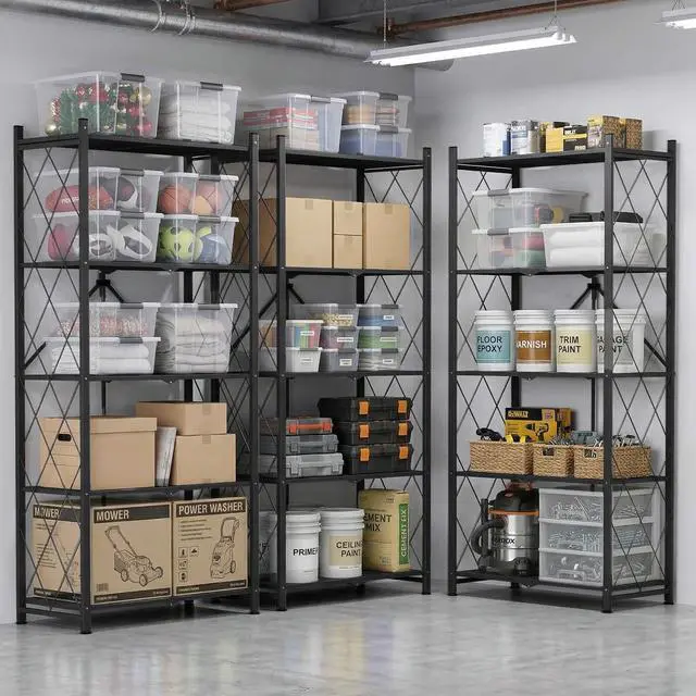 Alt view image 2 of 6 - 70.7" Tall Extra Large 5-Tier Folding Storage Shelf with Wheels, No Assembly Collapsible Metal Rack with Leveling Feet for Garage, Pantry, Basement, Vendor Display, Kitchen(Black,2 Pack)