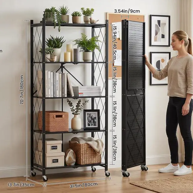 Alt view image 3 of 6 - 70.7" Tall Extra Large 5-Tier Folding Storage Shelf with Wheels, No Assembly Collapsible Metal Rack with Leveling Feet for Garage, Pantry, Basement, Vendor Display, Kitchen(Black,2 Pack)