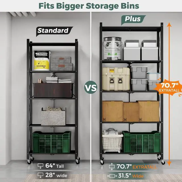 Alt view image 4 of 6 - 70.7" Tall Extra Large 5-Tier Folding Storage Shelf with Wheels, No Assembly Collapsible Metal Rack with Leveling Feet for Garage, Pantry, Basement, Vendor Display, Kitchen(Black,2 Pack)