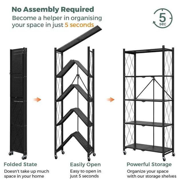 Alt view image 5 of 6 - 70.7" Tall Extra Large 5-Tier Folding Storage Shelf with Wheels, No Assembly Collapsible Metal Rack with Leveling Feet for Garage, Pantry, Basement, Vendor Display, Kitchen(Black,2 Pack)