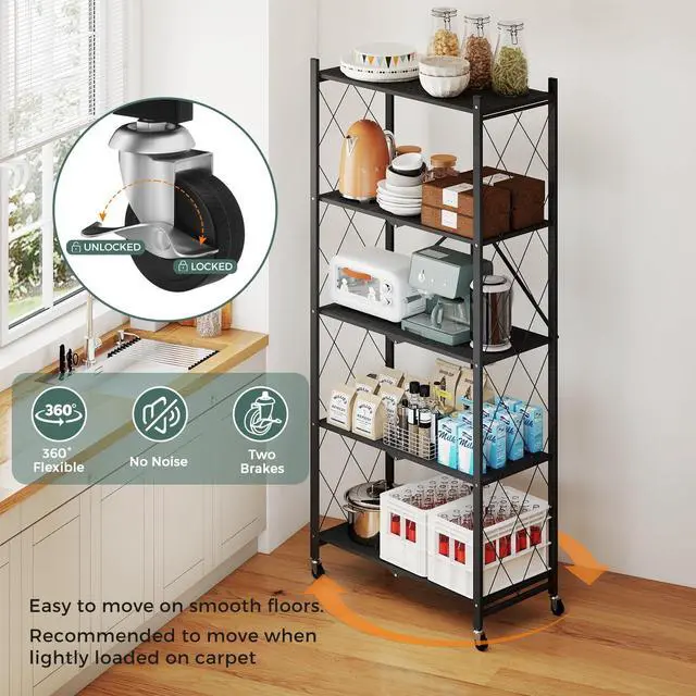 Alt view image 6 of 6 - 70.7" Tall Extra Large 5-Tier Folding Storage Shelf with Wheels, No Assembly Collapsible Metal Rack with Leveling Feet for Garage, Pantry, Basement, Vendor Display, Kitchen(Black,2 Pack)