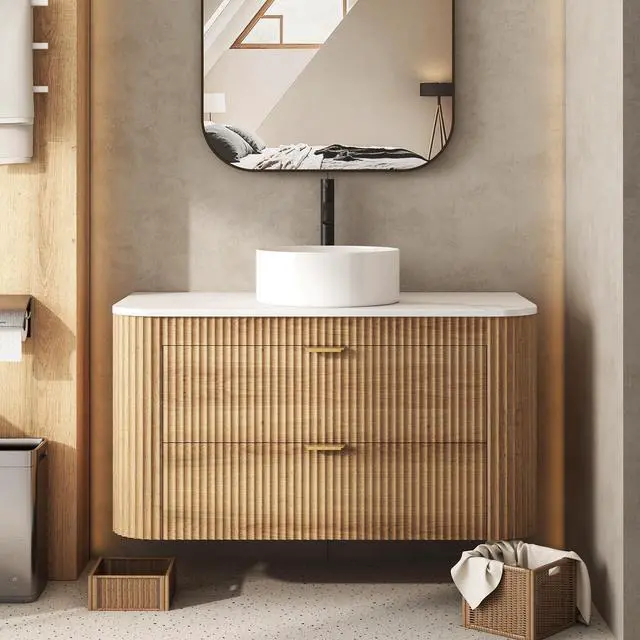 Main image of 36 Inch Floating Bathroom Vanity with Sink Combo, Wall Mounted Vanity with Marble Look Wooden Countertop & Ceramic Sink, Modern Fluted Cabinet with 2 Storage Drawers, Natural Wood Grain