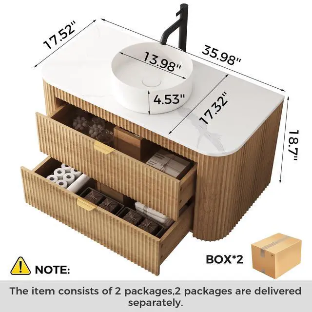 Alt view image 2 of 6 - 36 Inch Floating Bathroom Vanity with Sink Combo, Wall Mounted Vanity with Marble Look Wooden Countertop & Ceramic Sink, Modern Fluted Cabinet with 2 Storage Drawers, Natural Wood Grain