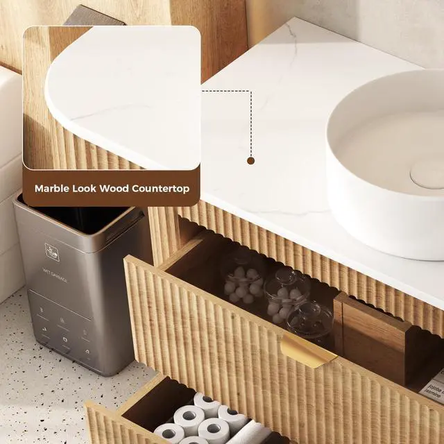 Alt view image 4 of 6 - 36 Inch Floating Bathroom Vanity with Sink Combo, Wall Mounted Vanity with Marble Look Wooden Countertop & Ceramic Sink, Modern Fluted Cabinet with 2 Storage Drawers, Natural Wood Grain