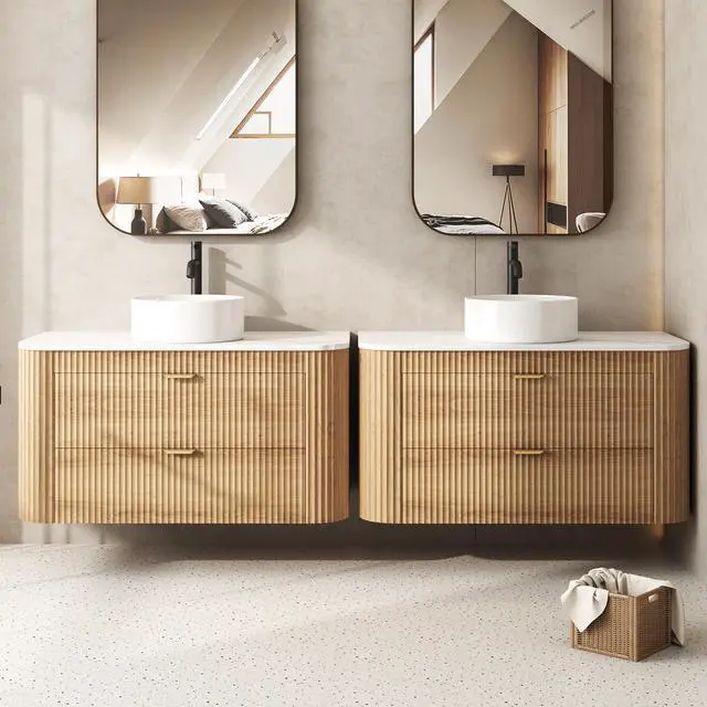 Alt view image 5 of 6 - 36 Inch Floating Bathroom Vanity with Sink Combo, Wall Mounted Vanity with Marble Look Wooden Countertop & Ceramic Sink, Modern Fluted Cabinet with 2 Storage Drawers, Natural Wood Grain