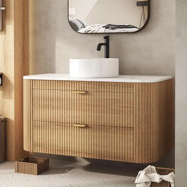 Alt view image 6 of 6 - 36 Inch Floating Bathroom Vanity with Sink Combo, Wall Mounted Vanity with Marble Look Wooden Countertop & Ceramic Sink, Modern Fluted Cabinet with 2 Storage Drawers, Natural Wood Grain