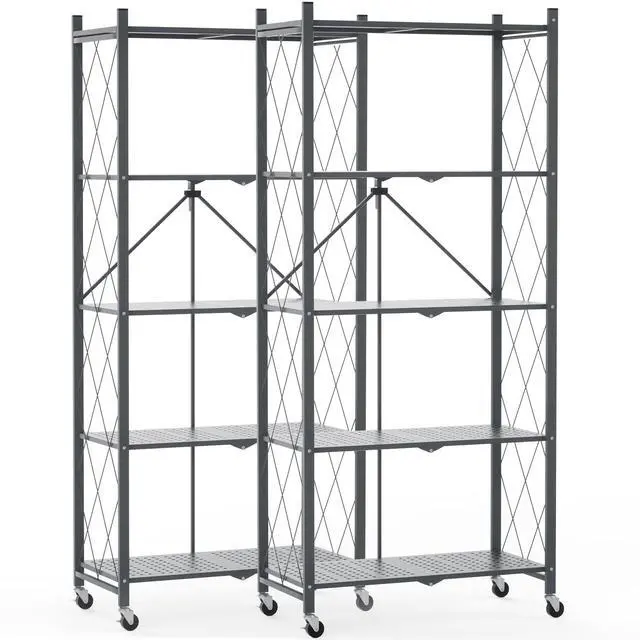 Main image of 70.7" Tall Extra Large 5-Tier Folding Storage Shelf with Wheels, No Assembly Collapsible Metal Rack with Leveling Feet for Garage, Pantry, Basement, Vendor Display, Kitchen(Gray,2 Pack)