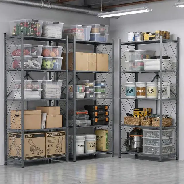 Alt view image 2 of 6 - 70.7" Tall Extra Large 5-Tier Folding Storage Shelf with Wheels, No Assembly Collapsible Metal Rack with Leveling Feet for Garage, Pantry, Basement, Vendor Display, Kitchen(Gray,2 Pack)