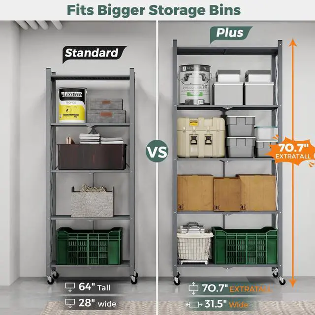 Alt view image 4 of 6 - 70.7" Tall Extra Large 5-Tier Folding Storage Shelf with Wheels, No Assembly Collapsible Metal Rack with Leveling Feet for Garage, Pantry, Basement, Vendor Display, Kitchen(Gray,2 Pack)