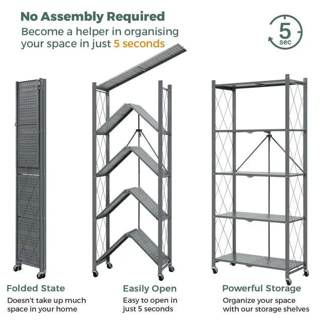 Alt view image 5 of 6 - 70.7" Tall Extra Large 5-Tier Folding Storage Shelf with Wheels, No Assembly Collapsible Metal Rack with Leveling Feet for Garage, Pantry, Basement, Vendor Display, Kitchen(Gray,2 Pack)