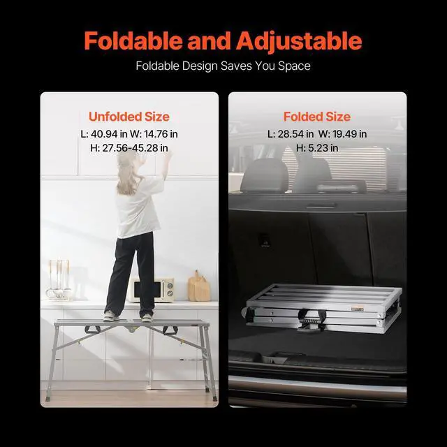 Alt view image 2 of 6 - Work Platform, 55"x 15" Portable Scaffolding Platform, Folding Steel Step Ladder Adjustable Height 27.5-45.3, 800 lbs Load Capacity, Non-Slip Drywall Painting Stool for Cleaning &Washing