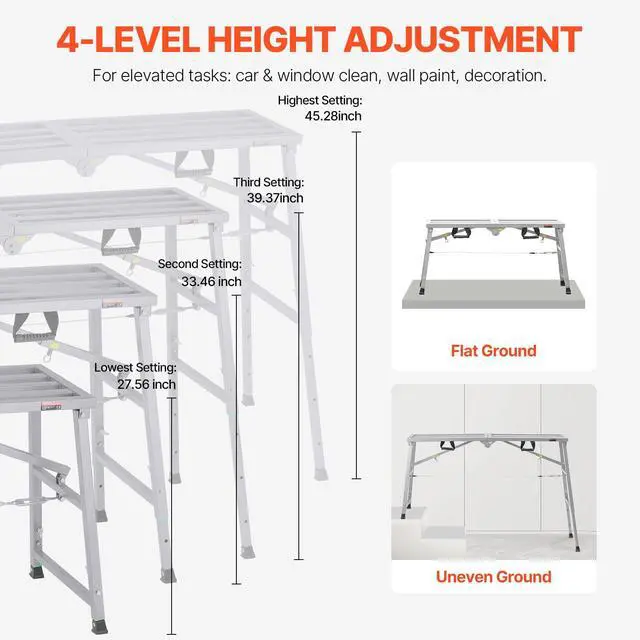 Alt view image 4 of 6 - Work Platform, 55"x 15" Portable Scaffolding Platform, Folding Steel Step Ladder Adjustable Height 27.5-45.3, 800 lbs Load Capacity, Non-Slip Drywall Painting Stool for Cleaning &Washing